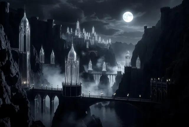 Moonlit towers and river cliffs of Vesperreach